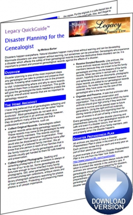 NEW! Legacy QuickGuide: Disaster Planning for the Genealogist http://legacy.familytreewebinars.com/?aid=1905
