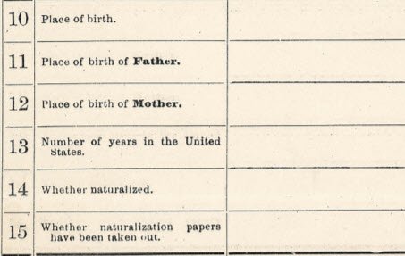ow 10 – place of birth. Rows 11 and 12 – place of birth for father and mother, respectively. Row 13 – the number of years the person has been in the United States. Row 14 – if the person was naturalized. Row 15 – asked whether naturalization papers had been taken out.