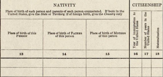 1900: Column 13 – place of birth. Columns 14 and 15 – place of birth for father and mother, respectively. Citizenship questions in Columns 16 through 18 – year of immigration to the United States, number of years in the United States, and is the person naturalized, respectively.