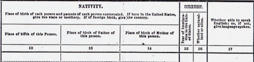 Column 12 – place of birth. Columns 13 and 14 – place of birth for father and mother, respectively. Citizenship questions in Columns 15 through 16 – year of immigration to the United States and whether naturalized or alien. Column 17 – asked if person could speak English and if not, the language spoken.