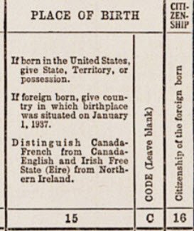 Place of Birth and Citizenship section comprised Columns 15 and 16. Column 15 – place of birth. Column 16 – if person is foreign born, are they a citizen?
