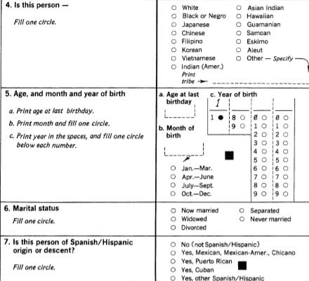 No nativity or citizenship questions asked on the Short Form completed by all residents, but race and descent questions were included. Question 4 – race. Question 7 – asked if person was of “Spanish/Hispanic origin or descent.”