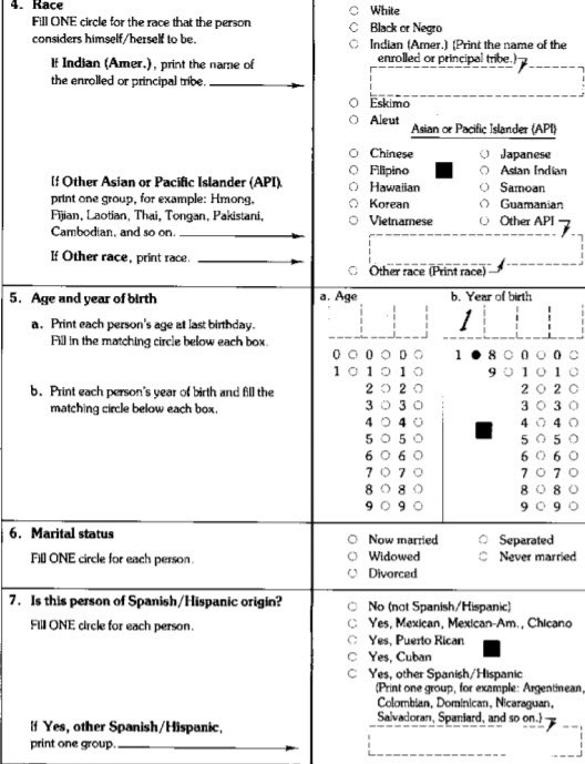 No nativity or citizenship questions asked on the Short Form completed by all residents. Question 4 – race. Question 7 – asked if person was of “Spanish/Hispanic origin or descent.”