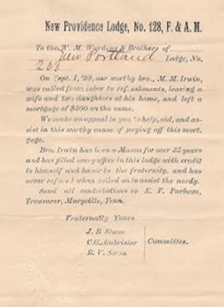 New Providence Lodge, No. 128 F.& A.M. Request for Widow's Aid, located at the Houston County, Tennessee Archives