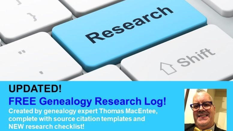 Download this FREE Genealogy Research Log created by genealogy author and expert Thomas MacEntee! Complete with source citation templates, evidence evaluation helper, and NEW research checklist!